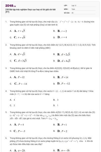 230 Bài tập trắc nghiệm Oxyz cực hay có lời giải chi tiết (P7)