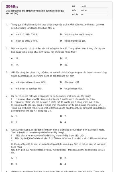360 Bài tập Cơ chế di truyền và biến dị cực hay có lời giải chi tiết (P5)
