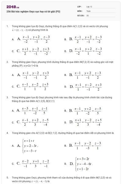 256 Bài trắc nghiệm Oxyz cực hay có lời giải (P3)