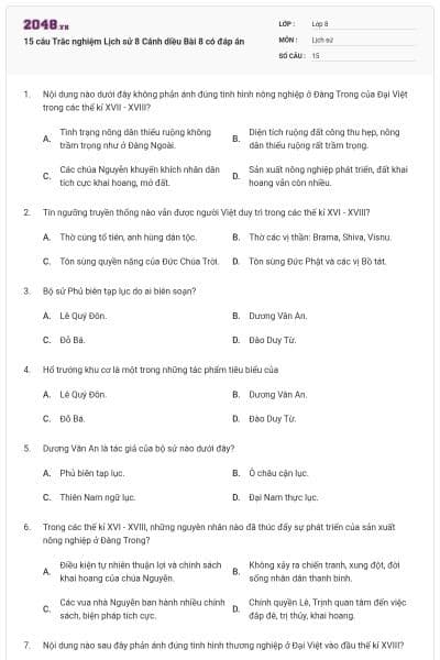 15 câu Trắc nghiệm Lịch sử 8 Cánh diều Bài 8 có đáp án