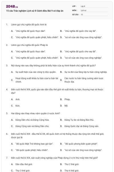 15 câu Trắc nghiệm Lịch sử 8 Cánh diều Bài 9 có đáp án