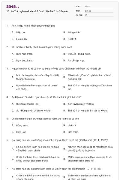 15 câu Trắc nghiệm Lịch sử 8 Cánh diều Bài 11 có đáp án