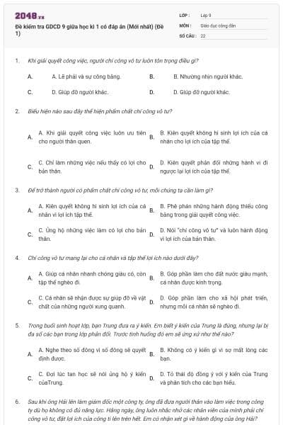 Đề kiểm tra GDCD 9 giữa học kì 1 có đáp án (Mới nhất) (Đề 1)