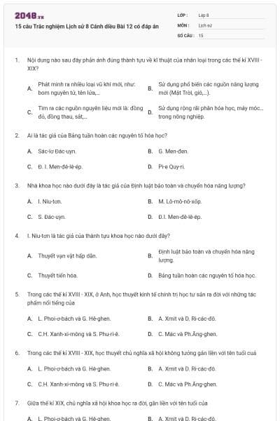 15 câu Trắc nghiệm Lịch sử 8 Cánh diều Bài 12 có đáp án