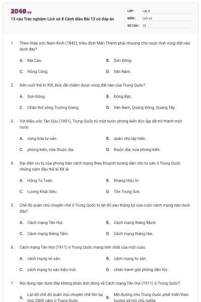 15 câu Trắc nghiệm Lịch sử 8 Cánh diều Bài 13 có đáp án