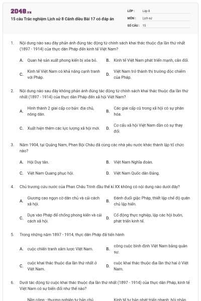 15 câu Trắc nghiệm Lịch sử 8 Cánh diều Bài 17 có đáp án