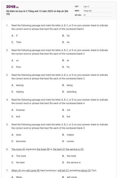 Đề kiểm tra học kì 2 Tiếng anh 12 năm 2023 có đáp án (Đề 20)