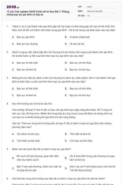 15 câu Trắc nghiệm GDCD 8 Kết nối tri thức Bài 7: Phòng, chống bạo lực gia đình có đáp án