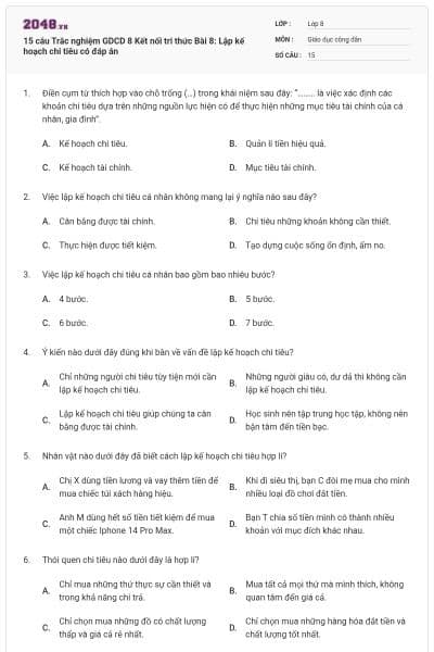 15 câu Trắc nghiệm GDCD 8 Kết nối tri thức Bài 8: Lập kế hoạch chi tiêu có đáp án