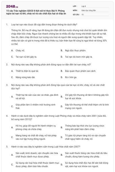 15 câu Trắc nghiệm GDCD 8 Kết nối tri thức Bài 9: Phòng ngừa tai nạn vũ khí, cháy nổ và các chất độc hại có đáp án