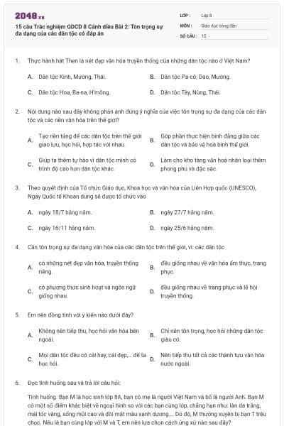 15 câu Trắc nghiệm GDCD 8 Cánh diều Bài 2: Tôn trọng sự đa dạng của các dân tộc có đáp án