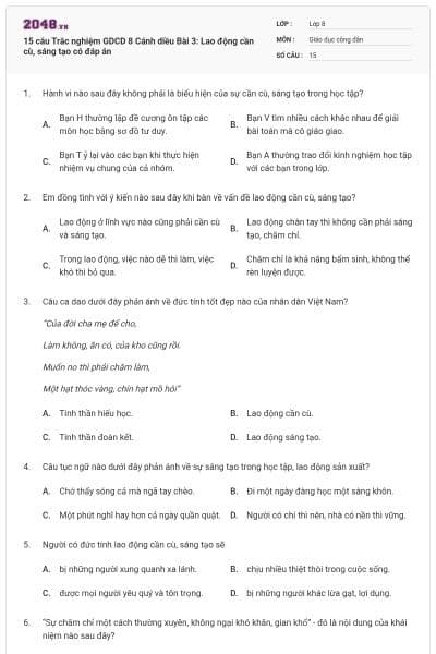 15 câu Trắc nghiệm GDCD 8 Cánh diều Bài 3: Lao động cần cù, sáng tạo có đáp án