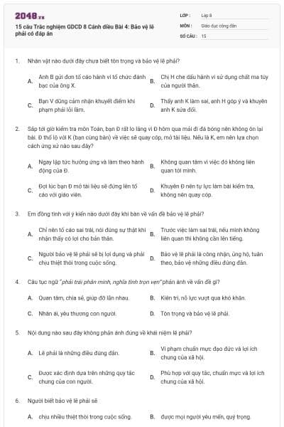 15 câu Trắc nghiệm GDCD 8 Cánh diều Bài 4: Bảo vệ lẽ phải có đáp án