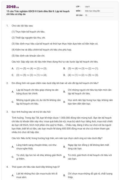 15 câu Trắc nghiệm GDCD 8 Cánh diều Bài 8: Lập kế hoạch chi tiêu có đáp án