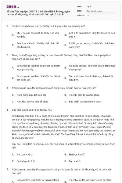 15 câu Trắc nghiệm GDCD 8 Cánh diều Bài 9: Phòng, ngừa tai nạn vũ khí, cháy, nổ và các chất độc hại có đáp án
