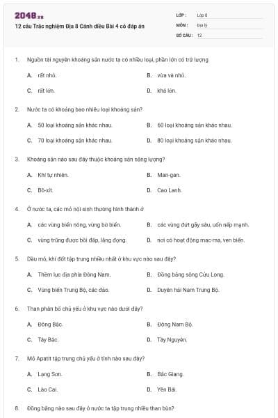 12 câu Trắc nghiệm Địa 8 Cánh diều Bài 4 có đáp án