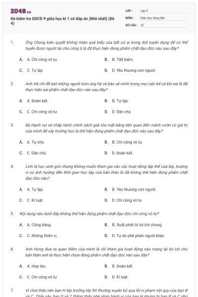 Đề kiểm tra GDCD 9 giữa học kì 1 có đáp án (Mới nhất) (Đề 4)
