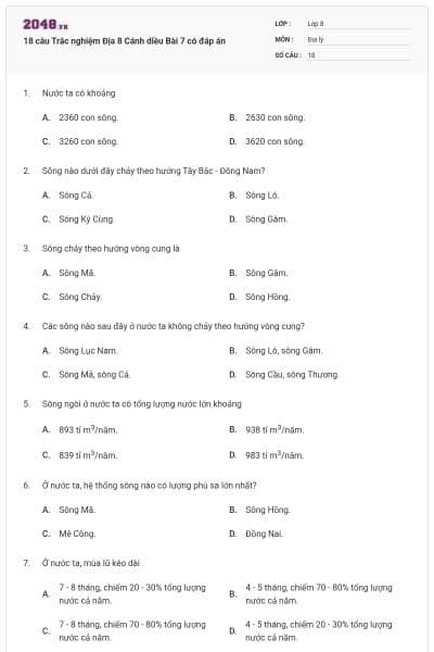 18 câu Trắc nghiệm Địa 8 Cánh diều Bài 7 có đáp án