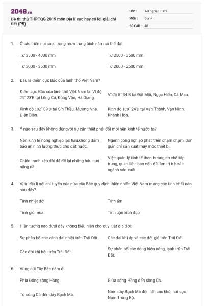 Đề thi thử THPTQG 2019 môn Địa lí cực hay có lời giải chi tiết (P5)