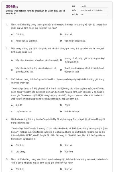 20 câu Trắc nghiệm Kinh tế pháp luật 11 Cánh diều Bài 11 có đáp án