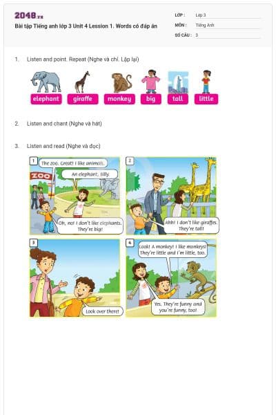 Bài tập Tiếng anh lớp 3 Unit 4 Lession 1. Words có đáp án