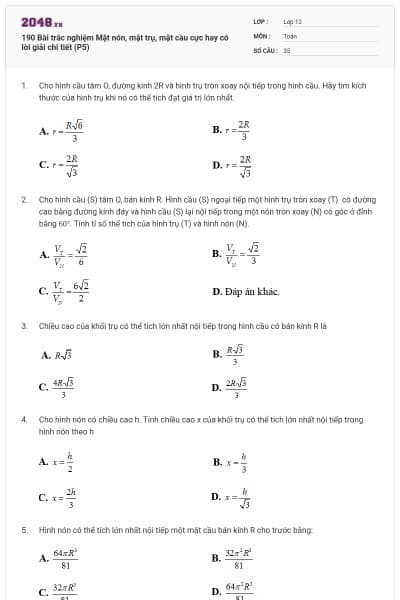 190 Bài trắc nghiệm Mặt nón, mặt trụ, mặt cầu cực hay có lời giải chi tiết (P5)