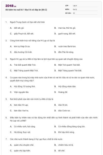 Đề kiểm tra cuối kì 1 Địa lí 6 có đáp án (Đề 2)