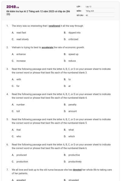 Đề kiểm tra học kì 2 Tiếng anh 12 năm 2023 có đáp án (Đề 23)