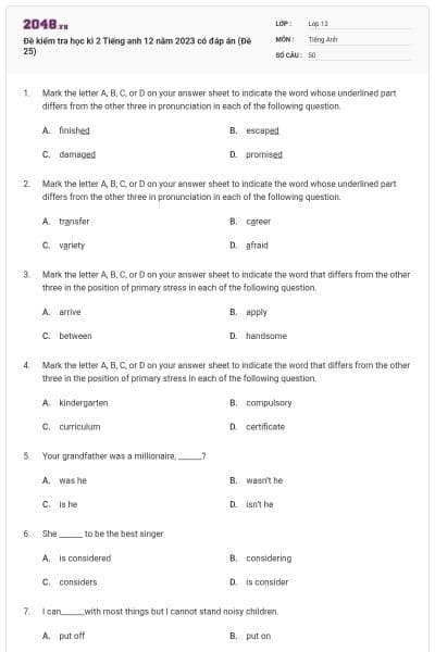 Đề kiểm tra học kì 2 Tiếng anh 12 năm 2023 có đáp án (Đề 25)