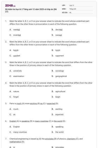 Đề kiểm tra học kì 2 Tiếng anh 12 năm 2023 có đáp án (Đề 27)