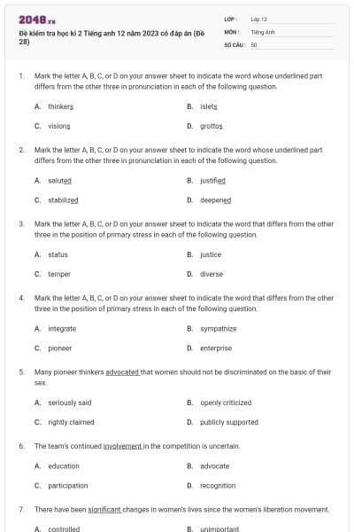 Đề kiểm tra học kì 2 Tiếng anh 12 năm 2023 có đáp án (Đề 28)