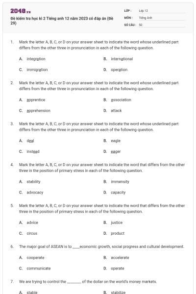 Đề kiểm tra học kì 2 Tiếng anh 12 năm 2023 có đáp án (Đề 29)