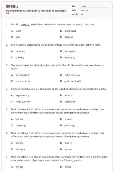 Đề kiểm tra học kì 2 Tiếng anh 12 năm 2023 có đáp án (Đề 30)