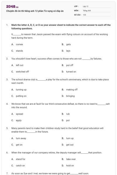 Chuyên đề ôn thi tiếng anh 12 phần Từ vựng có đáp án