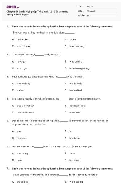 Chuyên đề ôn thi Ngữ pháp Tiếng Anh 12 - Các thì trong Tiếng anh có đáp án