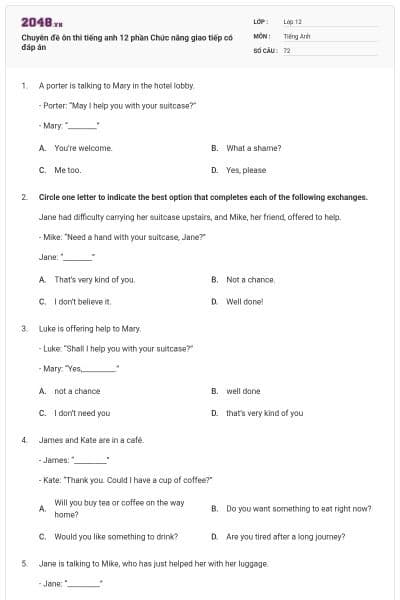 Chuyên đề ôn thi tiếng anh 12 phần Chức năng giao tiếp có đáp án