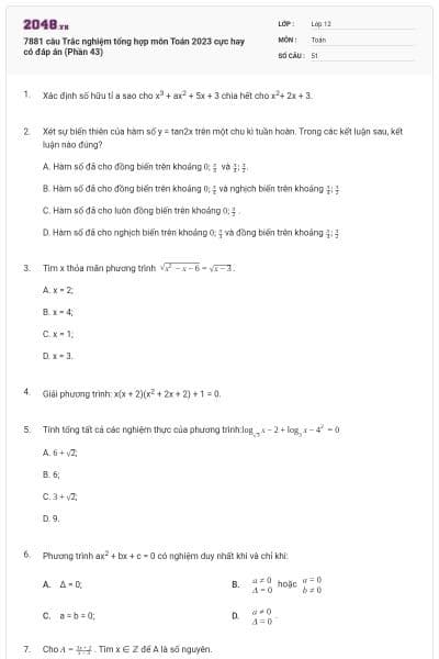 7881 câu Trắc nghiệm tổng hợp môn Toán 2023 cực hay có đáp án (Phần 43)