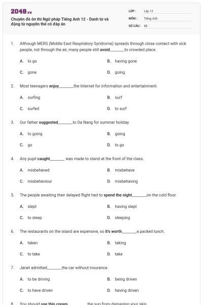 Chuyên đề ôn thi Ngữ pháp Tiếng Anh 12 - Danh từ và động từ nguyên thể có đáp án
