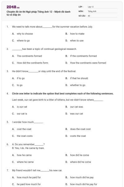 Chuyên đề ôn thi Ngữ pháp Tiếng Anh 12 - Mệnh đề danh từ có đáp án