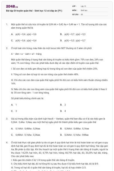 Bài tập Di truyền quần thể - Sinh học 12 có đáp án (P1)