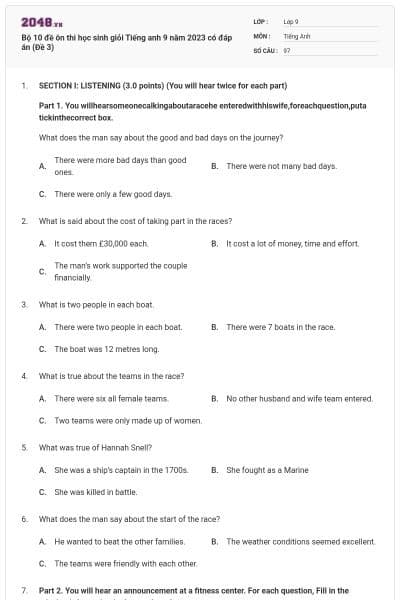 Bộ 10 đề ôn thi học sinh giỏi Tiếng anh 9 năm 2023 có đáp án (Đề 3)