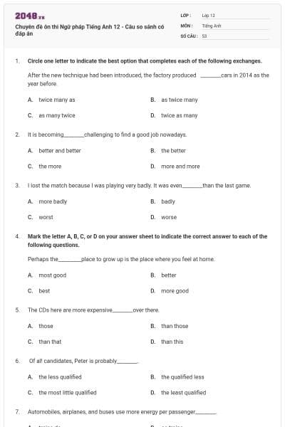 Chuyên đề ôn thi Ngữ pháp Tiếng Anh 12 - Câu so sánh có đáp án