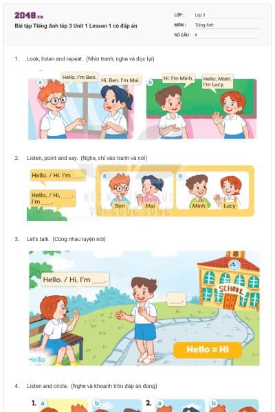 Bài tập Tiếng Anh lớp 3 Unit 1 Lesson 1 có đáp án
