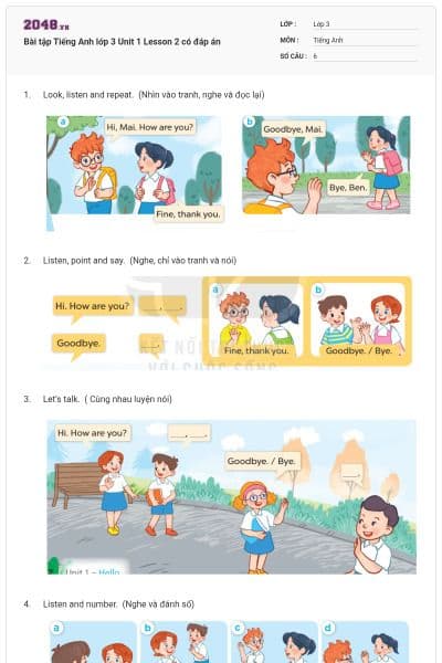 Bài tập Tiếng Anh lớp 3 Unit 1 Lesson 2 có đáp án