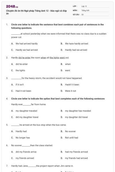 Chuyên đề ôn thi Ngữ pháp Tiếng Anh 12 - Đảo ngữ có đáp án