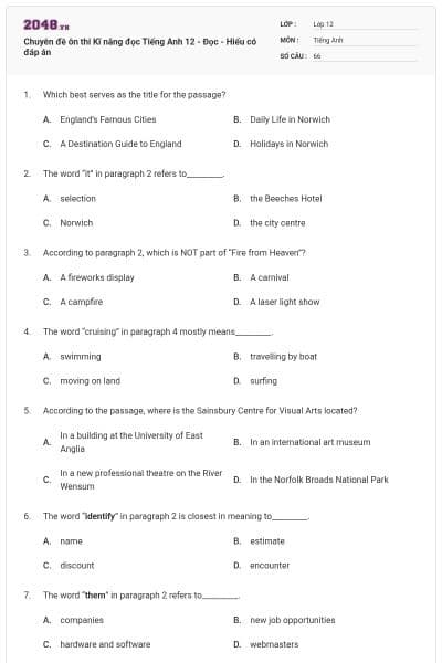 Chuyên đề ôn thi Kĩ năng đọc Tiếng Anh 12 - Đọc - Hiểu có đáp án