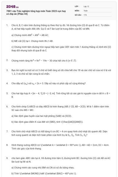 7881 câu Trắc nghiệm tổng hợp môn Toán 2023 cực hay có đáp án (Phần 44)