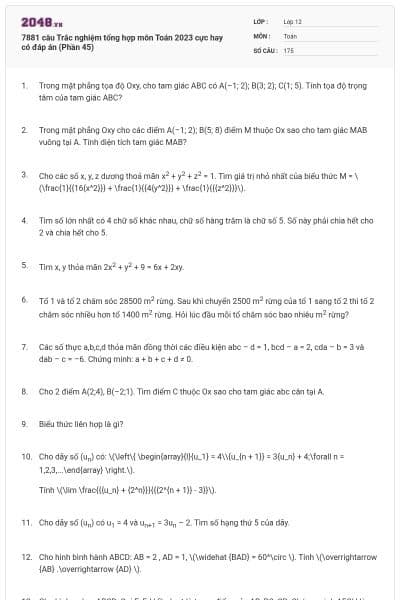 7881 câu Trắc nghiệm tổng hợp môn Toán 2023 cực hay có đáp án (Phần 45)