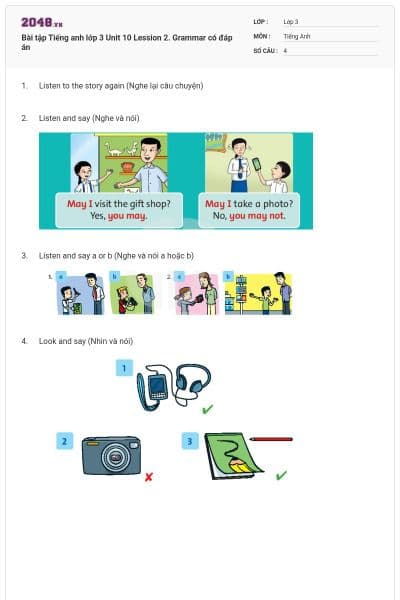 Bài tập Tiếng anh lớp 3 Unit 10 Lession 2. Grammar có đáp án