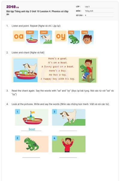 Bài tập Tiếng anh lớp 3 Unit 10 Lession 4. Phonics có đáp án